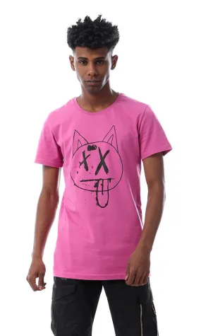 57568 Printed Cat Face Slip On Violet Red T-Shirt
