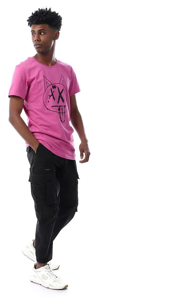 57568 Printed Cat Face Slip On Violet Red T-Shirt