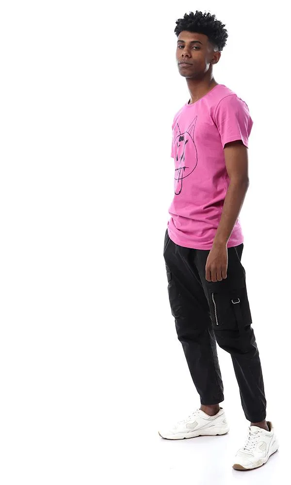 57568 Printed Cat Face Slip On Violet Red T-Shirt