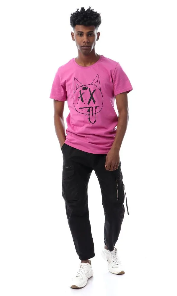 57568 Printed Cat Face Slip On Violet Red T-Shirt