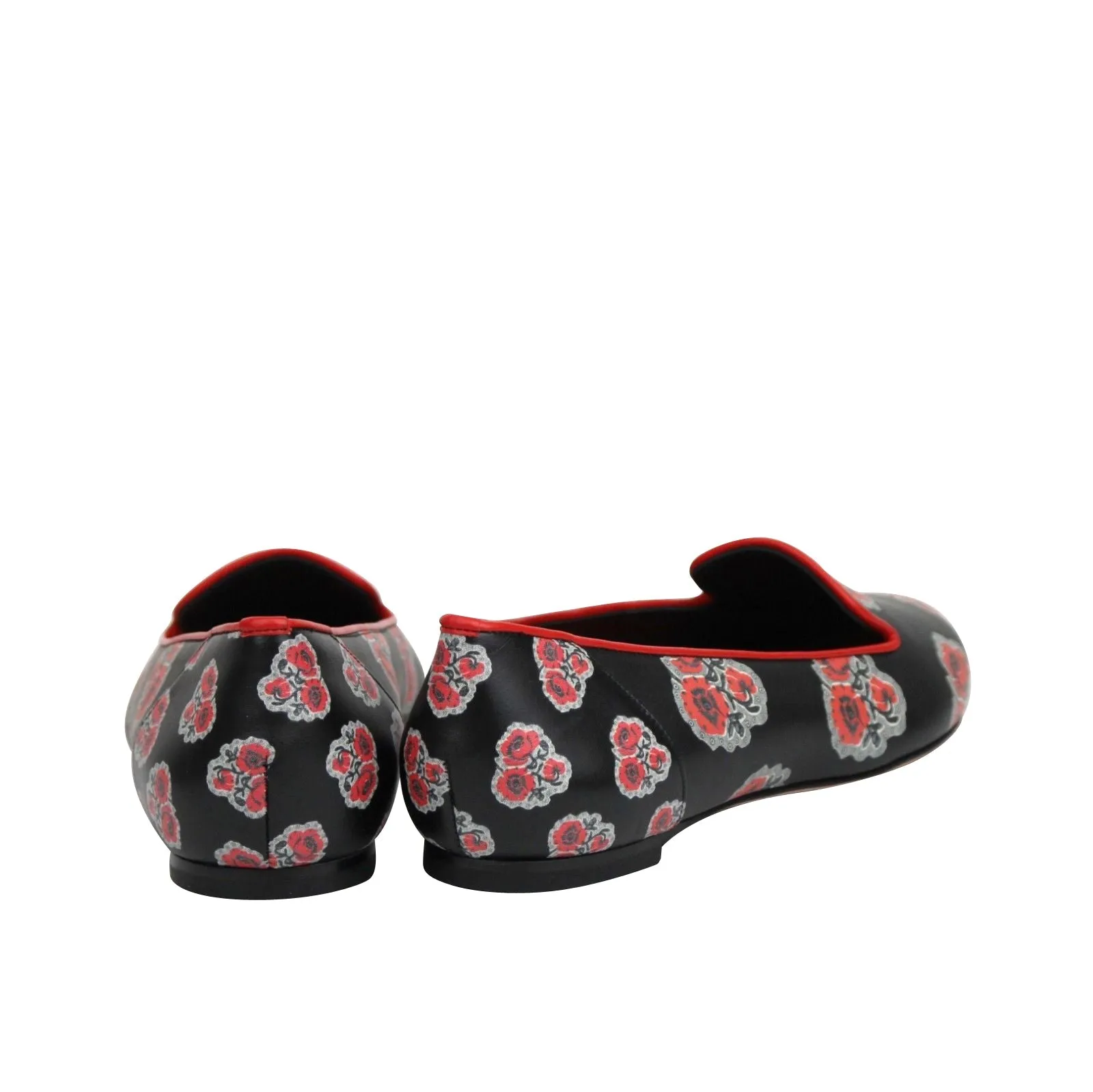 Alexander McQueen Women's Rose Pattern Black Leather Slipper Shoes