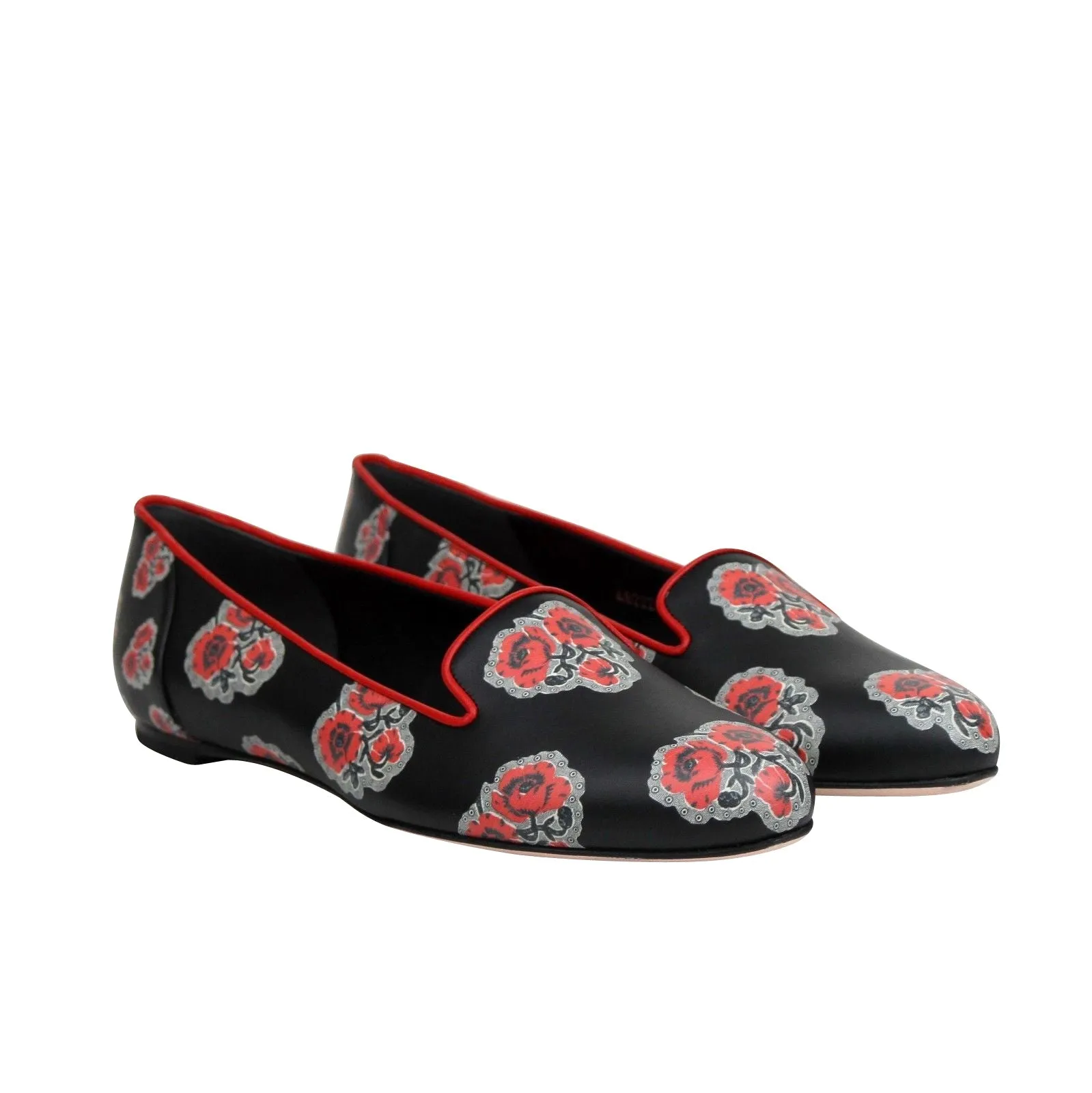Alexander McQueen Women's Rose Pattern Black Leather Slipper Shoes