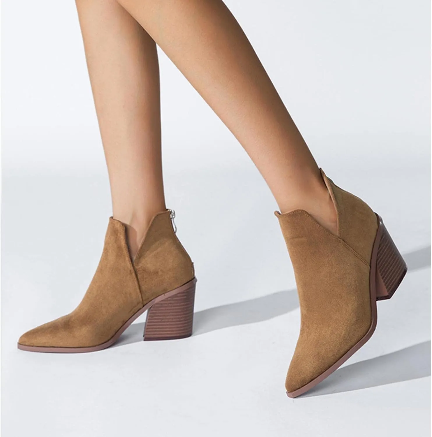 Bcshiye Women's Short Heel Slip On Pointed Toe Chelsea Ankle Boots V Cutout Chunky Low Heeled Dressy Western Booties