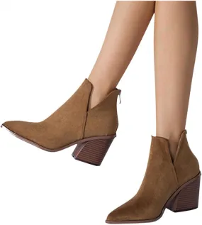 Bcshiye Women's Short Heel Slip On Pointed Toe Chelsea Ankle Boots V Cutout Chunky Low Heeled Dressy Western Booties