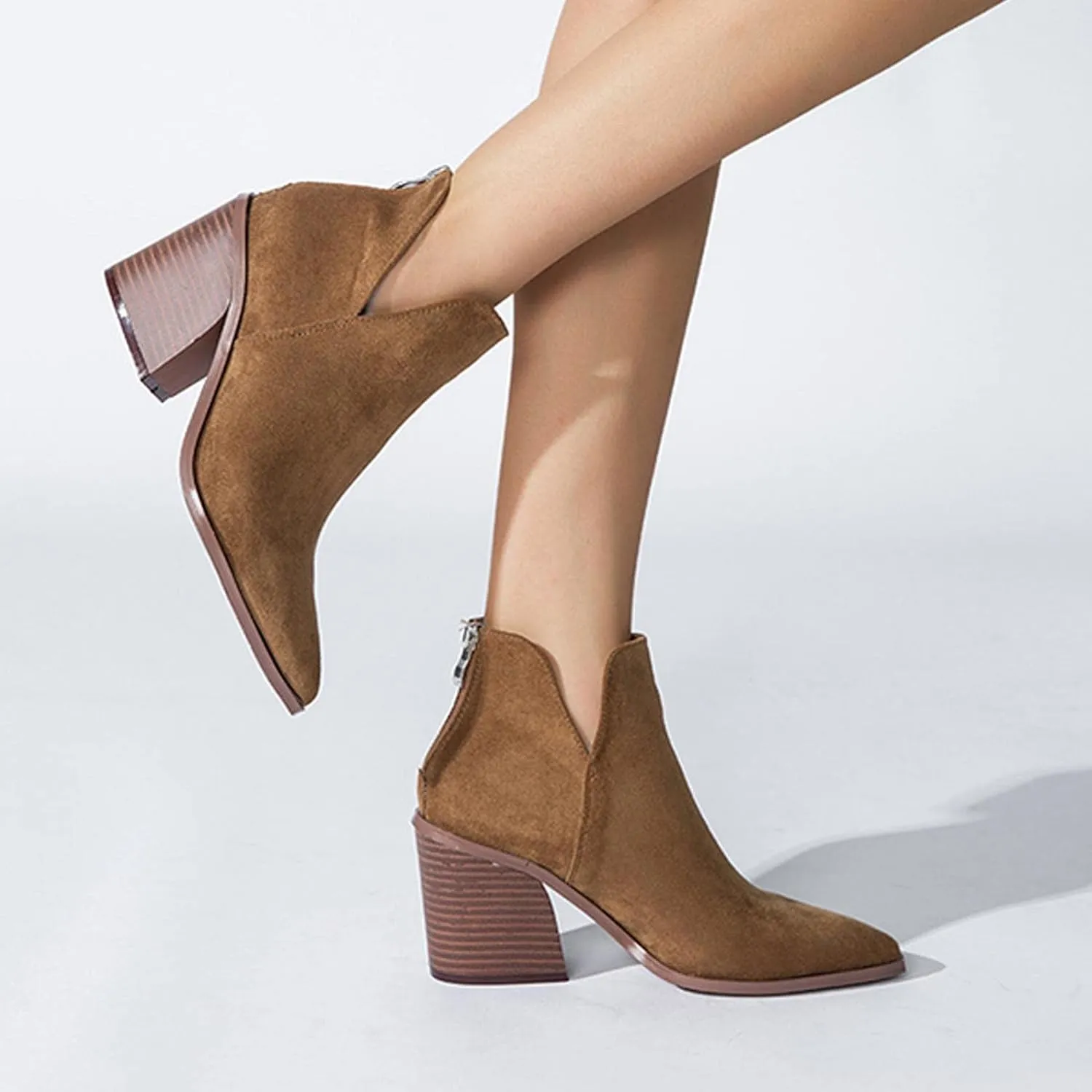 Bcshiye Women's Short Heel Slip On Pointed Toe Chelsea Ankle Boots V Cutout Chunky Low Heeled Dressy Western Booties