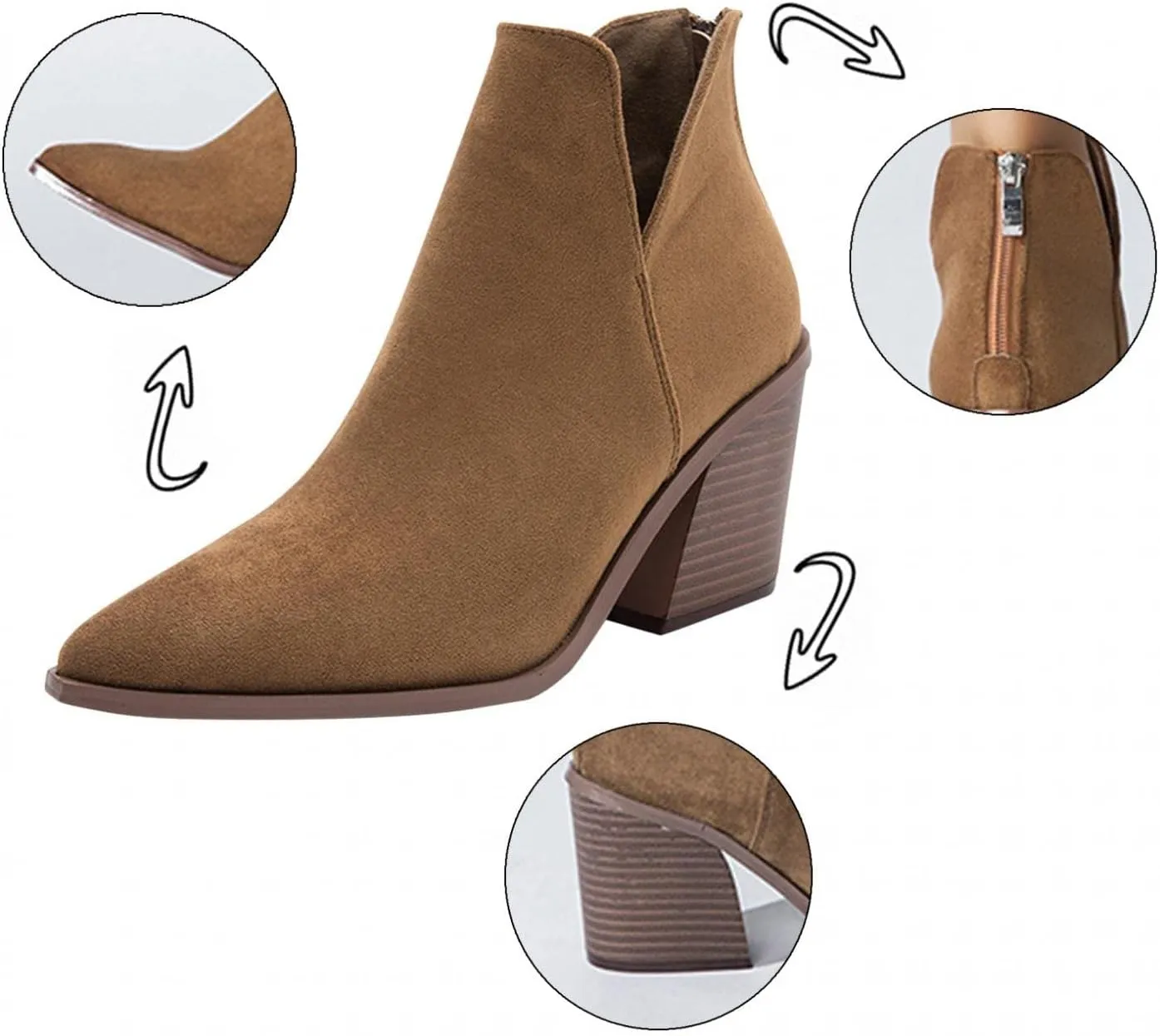 Bcshiye Women's Short Heel Slip On Pointed Toe Chelsea Ankle Boots V Cutout Chunky Low Heeled Dressy Western Booties