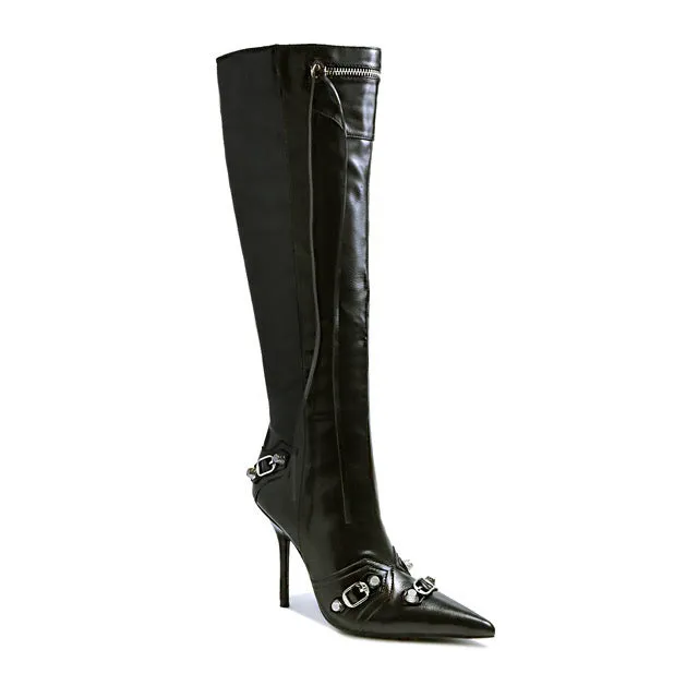 BEXIE-3/2024 Black Faux Leather Knee High Boot with Tassel Zipper Detail