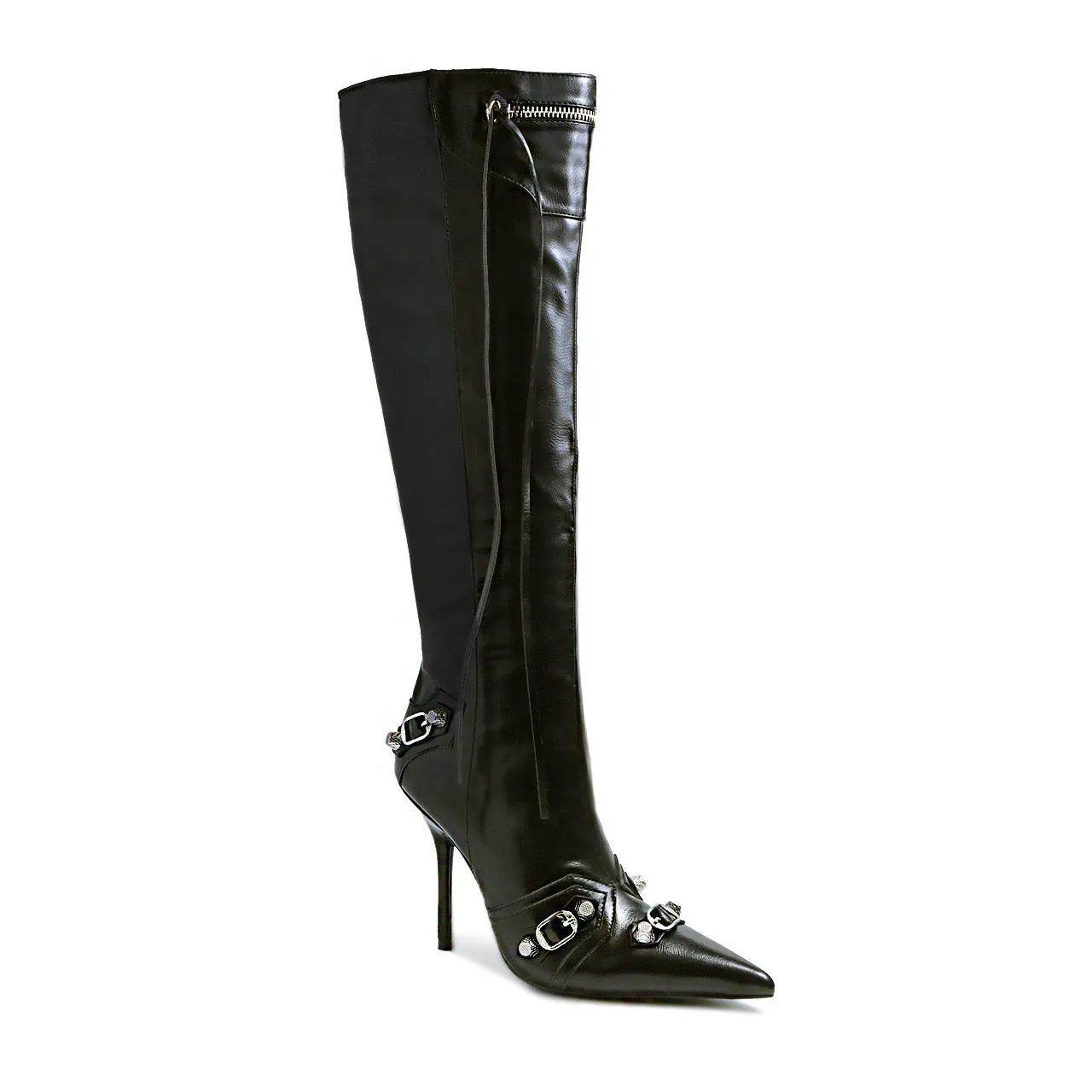 BEXIE-3/2024 Black Faux Leather Knee High Boot with Tassel Zipper Detail