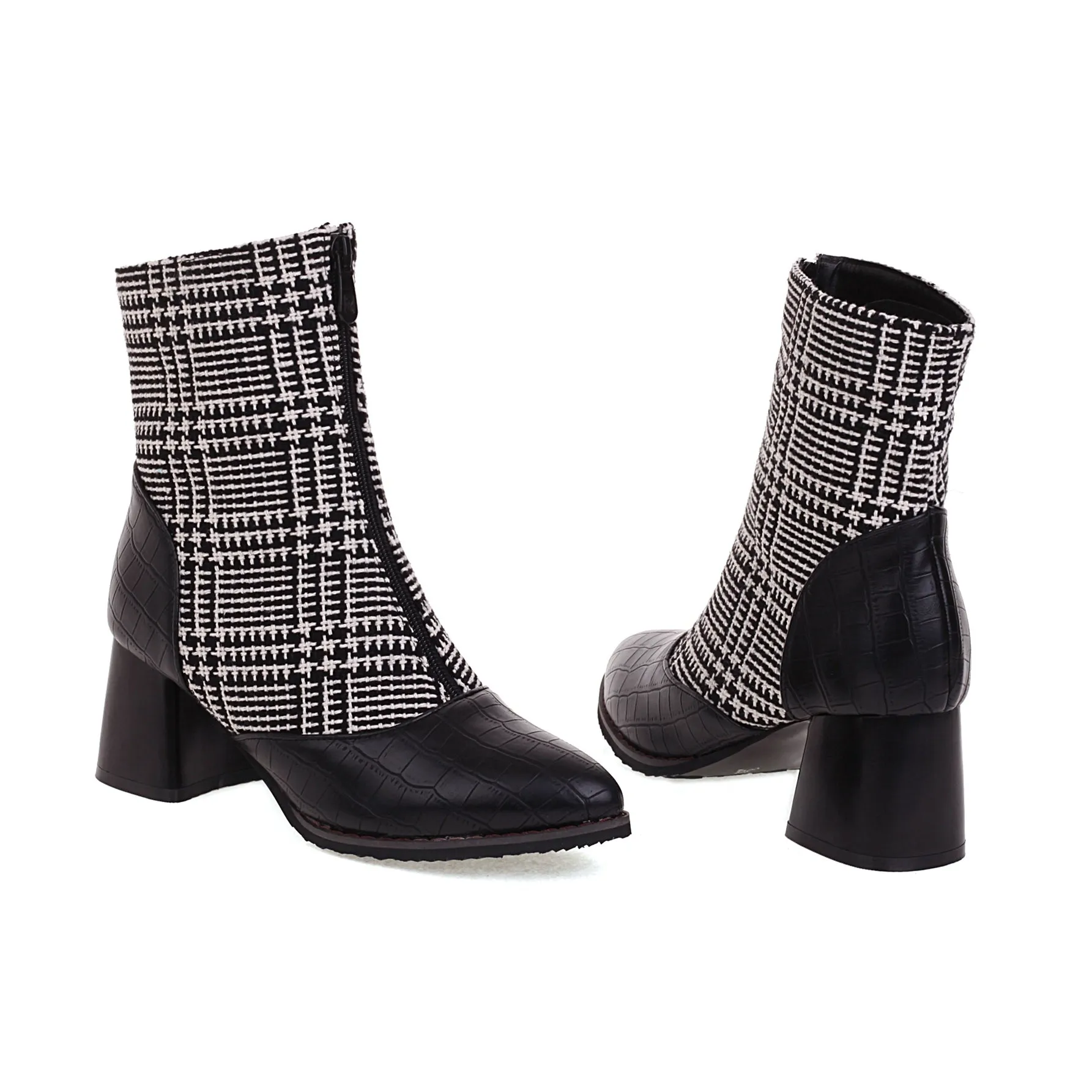 Bigsizeheels Front zipper houndstooth booties - Houndstooth