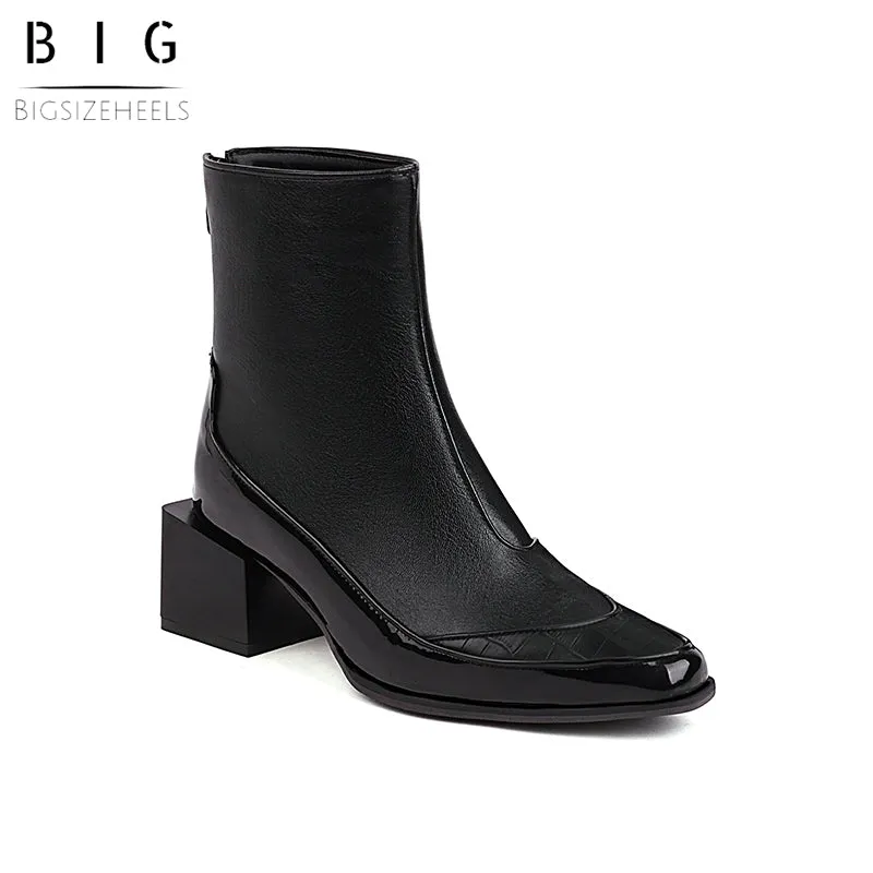 Bigsizeheels Square toe SIen back zipper ankle boots - Black
