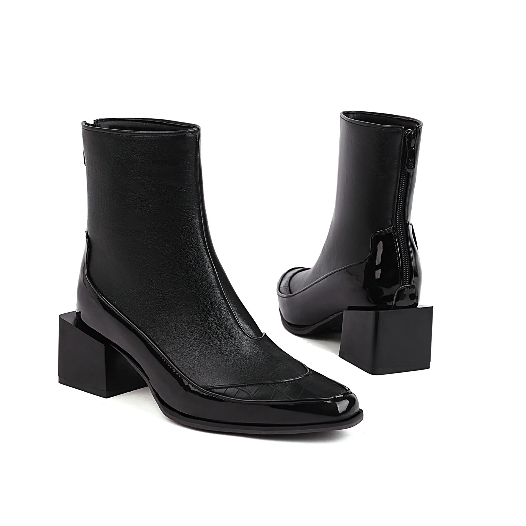 Bigsizeheels Square toe SIen back zipper ankle boots - Black