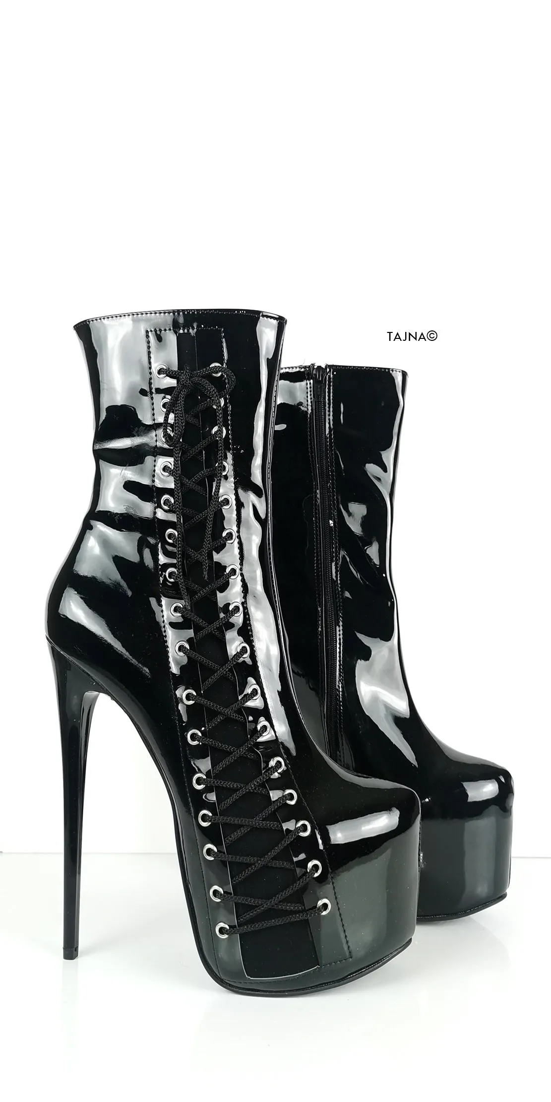 Sleek Black Patent Leather Corset Lace-Up High Heel Boots