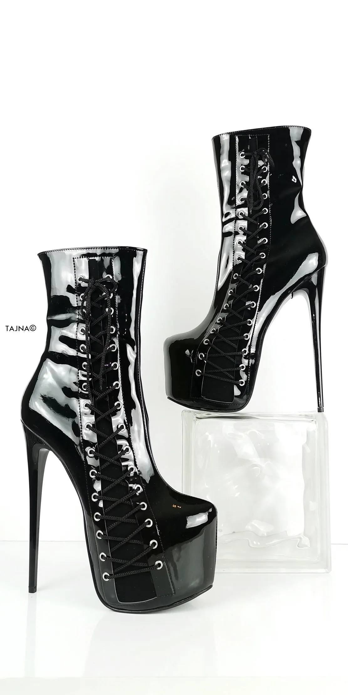 Sleek Black Patent Leather Corset Lace-Up High Heel Boots