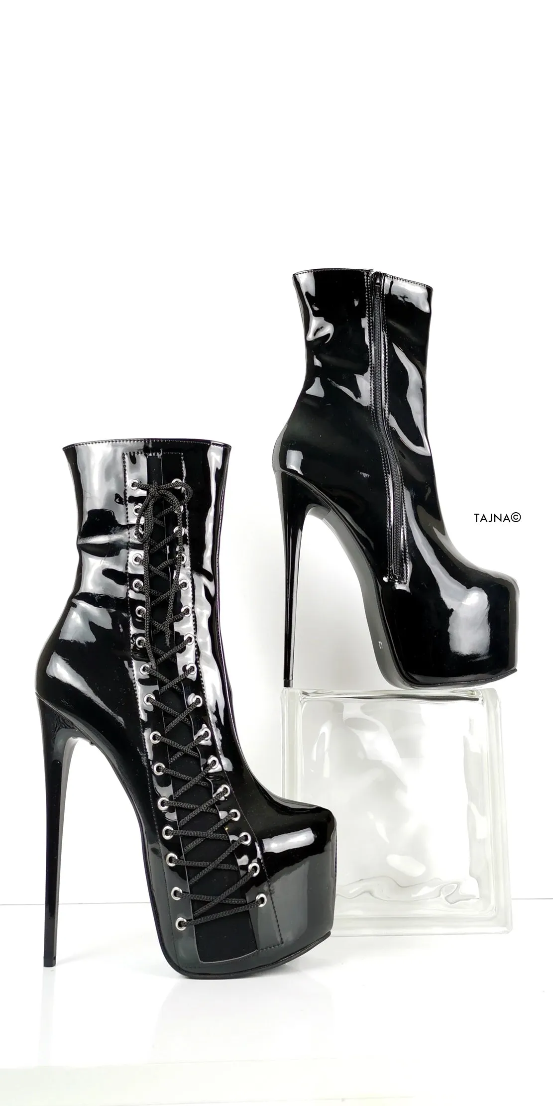 Sleek Black Patent Leather Corset Lace-Up High Heel Boots