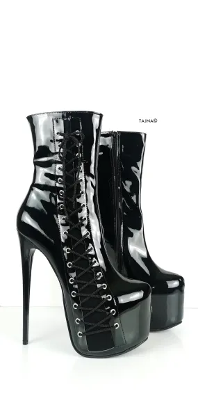 Sleek Black Patent Leather Corset Lace-Up High Heel Boots