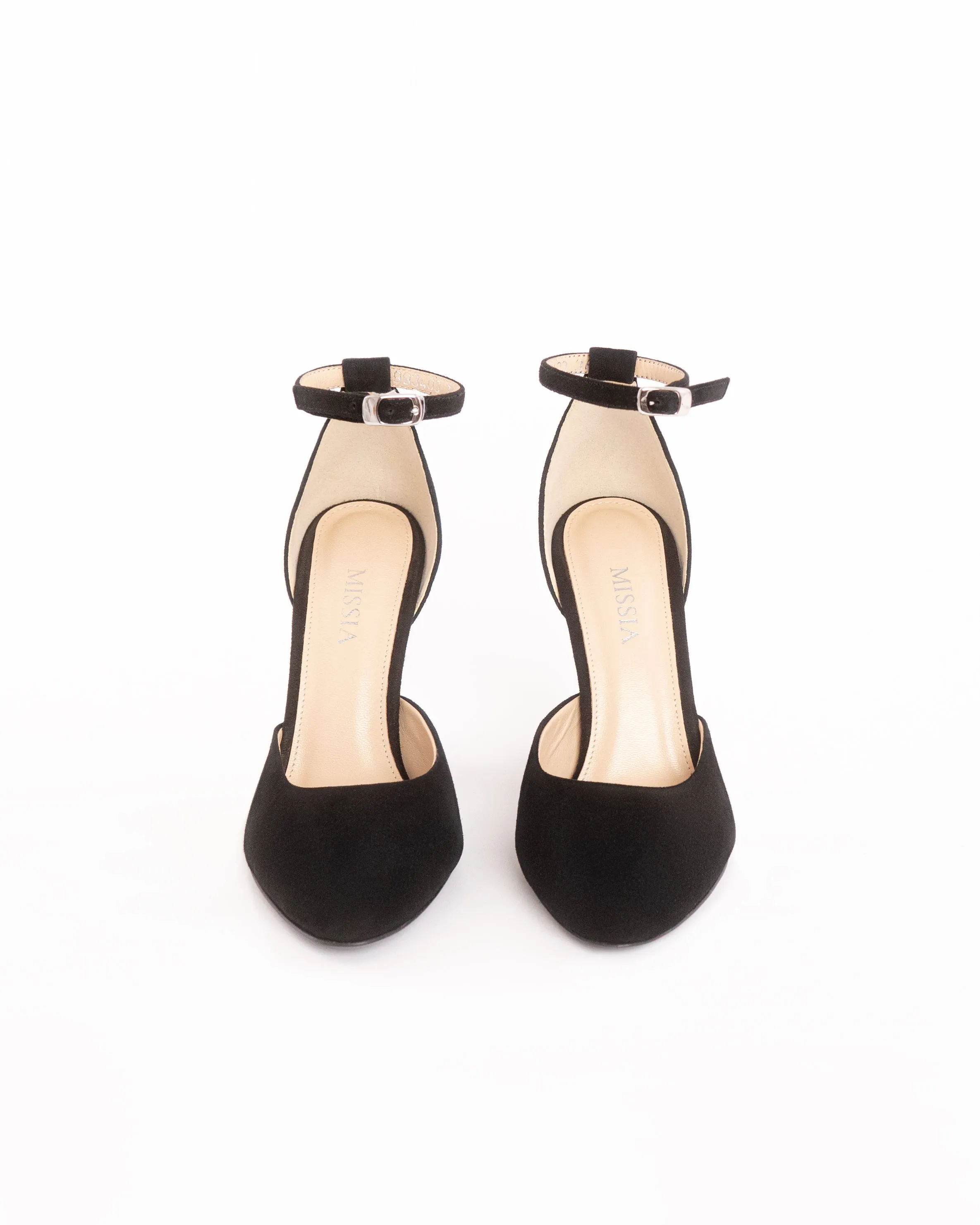 Black Suede Leather Closed Toe High Block Heel Ankle Strap Sandals