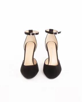 Black Suede Leather Closed Toe High Block Heel Ankle Strap Sandals