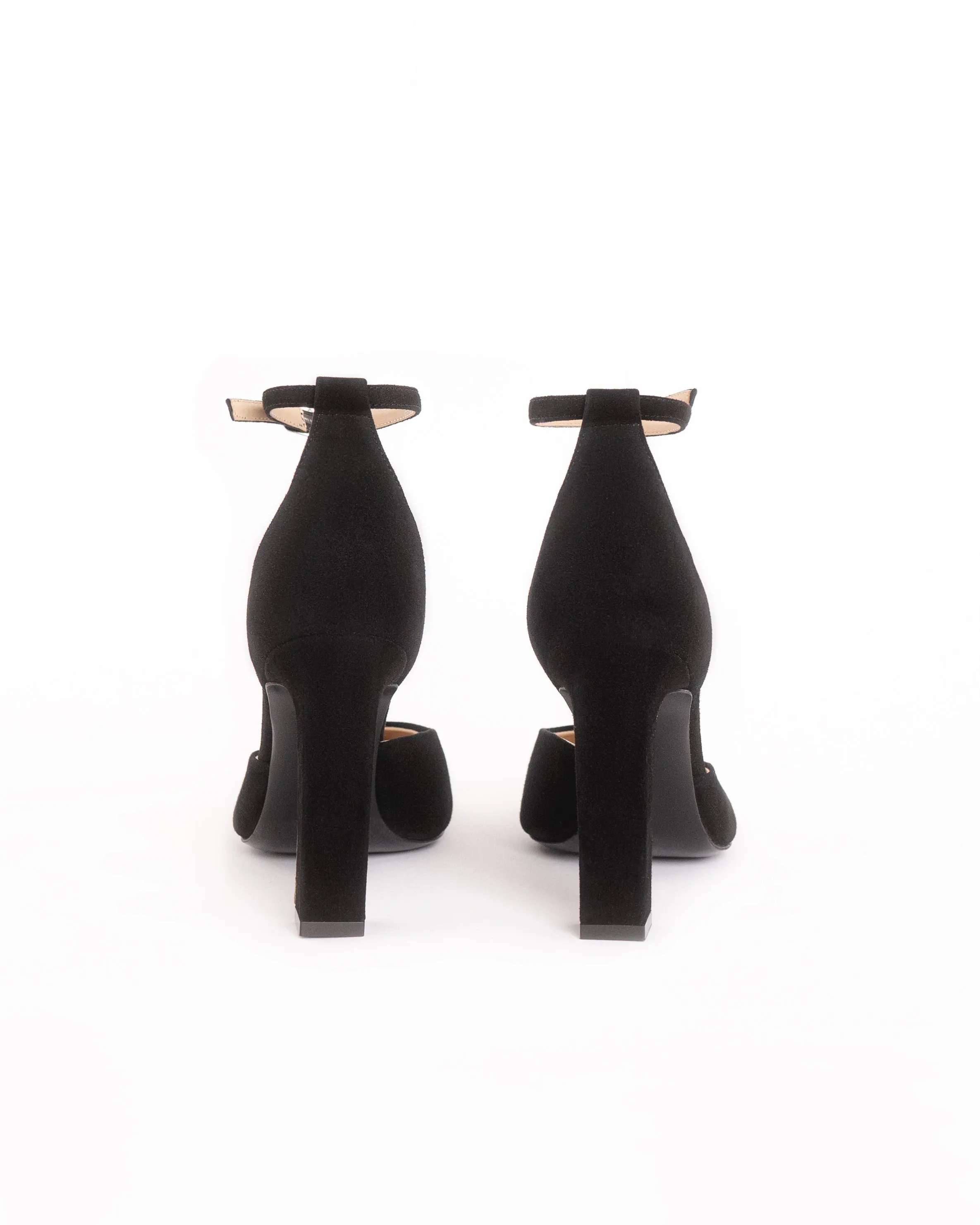 Black Suede Leather Closed Toe High Block Heel Ankle Strap Sandals