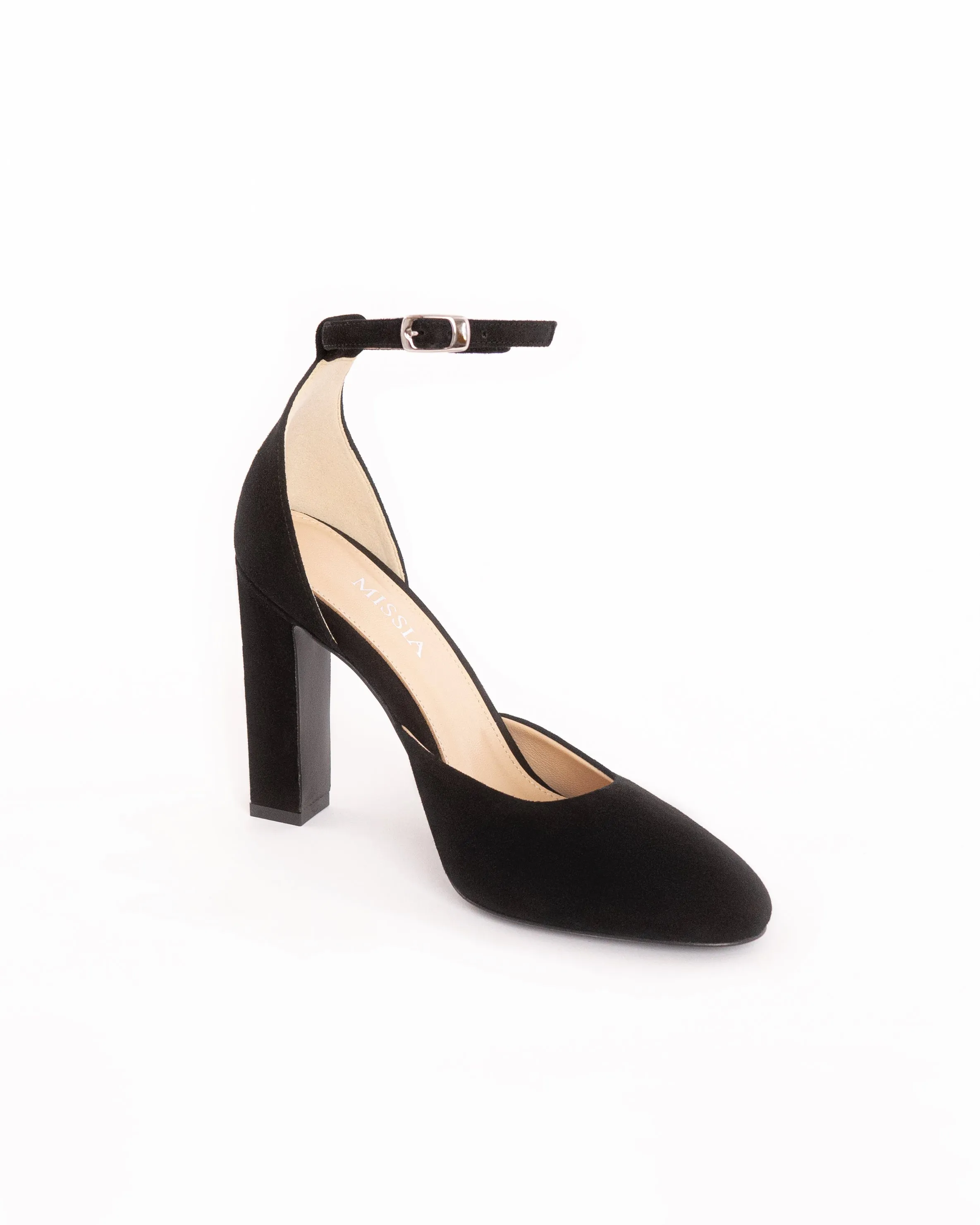 Black Suede Leather Closed Toe High Block Heel Ankle Strap Sandals
