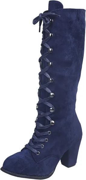 Boots For Women Retro Vintage Lace-Up Thigh High Boots Suede Low Chunky Heels Knee High Long Boots