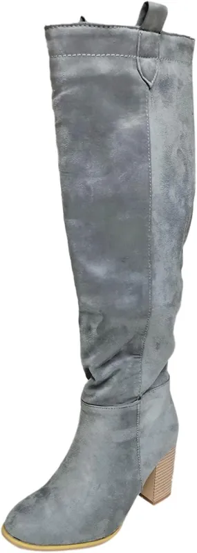 Combat Boots Womens High Chunky Heeled Knee High Boots Pull On Pointed Suede Thigh High Boots Long Bootie