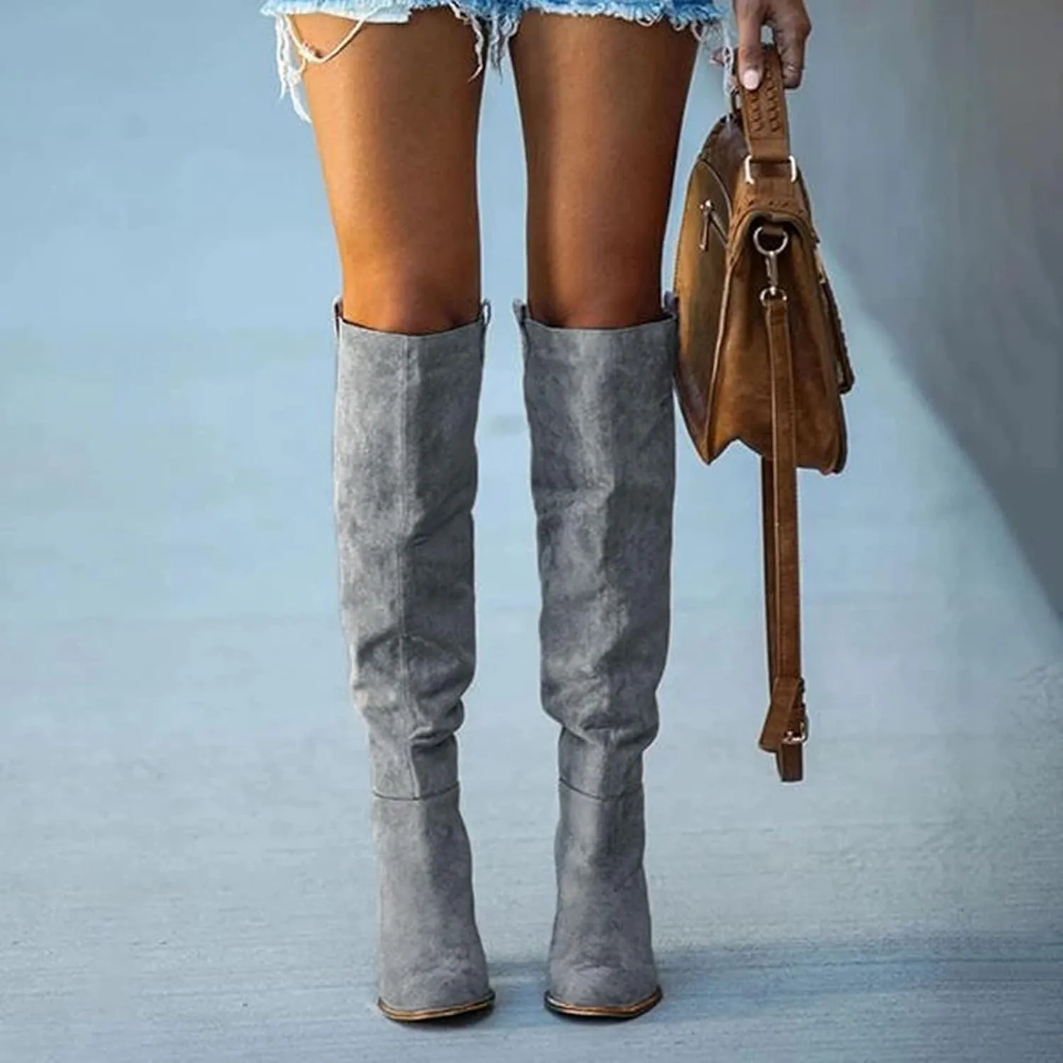 Combat Boots Womens High Chunky Heeled Knee High Boots Pull On Pointed Suede Thigh High Boots Long Bootie