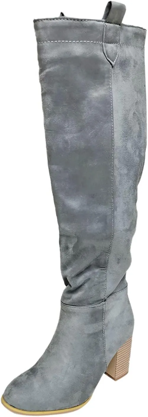 Combat Boots Womens High Chunky Heeled Knee High Boots Pull On Pointed Suede Thigh High Boots Long Bootie
