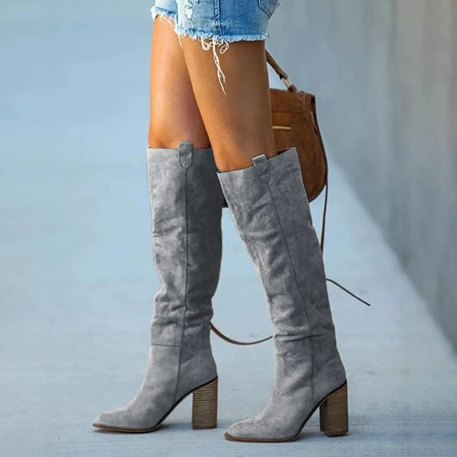 Combat Boots Womens High Chunky Heeled Knee High Boots Pull On Pointed Suede Thigh High Boots Long Bootie