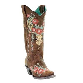 Corral Ladies Tan Deer Skull Overlay & Floral Embroidered Boots A3652