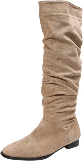 Cowboy Boots For Women Suede Pleated Thigh High Boots Pull On Knee High Boots Mid Calf Bootie Winter Boots