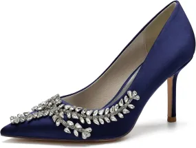 FufoneUS Womens Pointed Toe High Heels Dress Pumps for Evening Stiletto Heels Bridal Wedding Shoes,Dark Blue,9