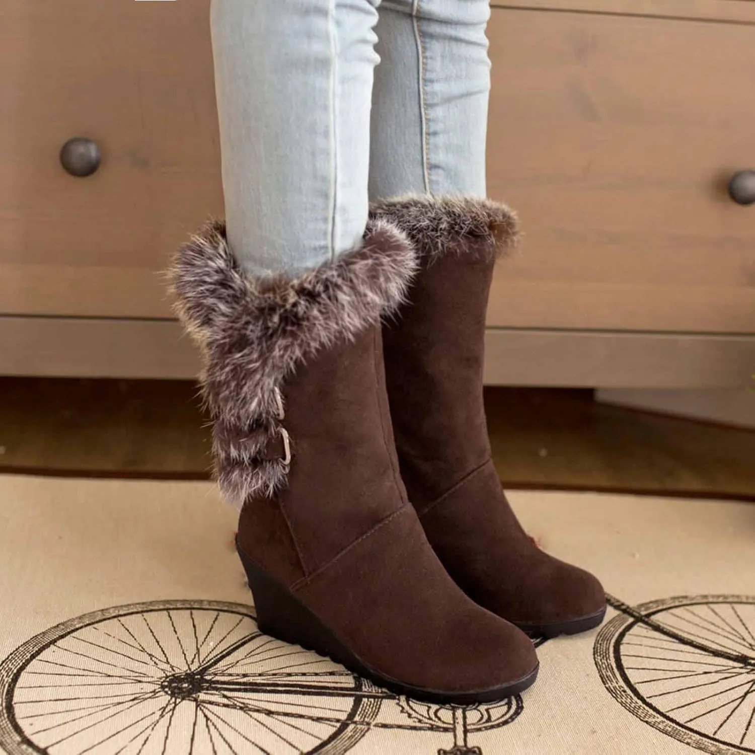 Hiking Boots Women Comfortable Velvet Wedge Boots Round Toe Suede Lug Sole Thigh High Boots Mid-Calf Boots