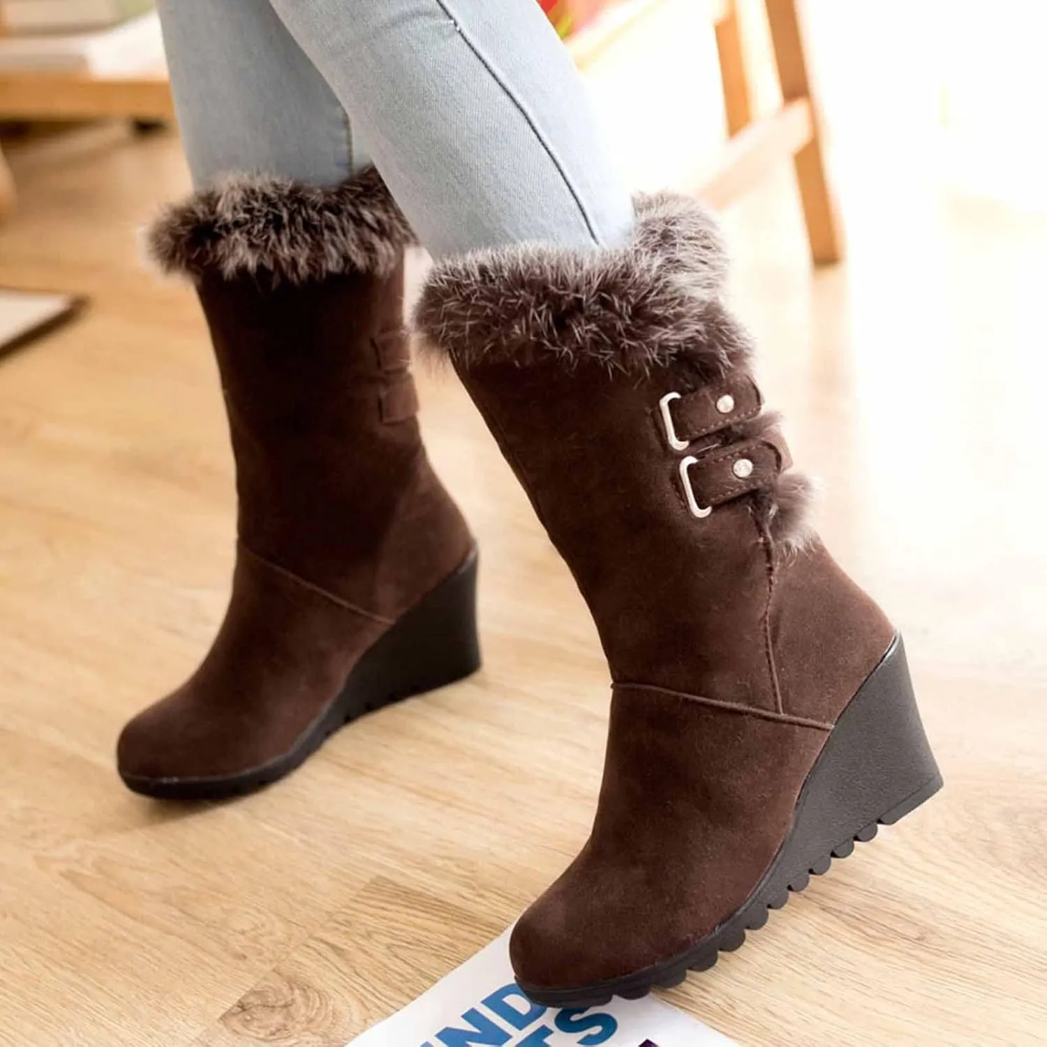 Hiking Boots Women Comfortable Velvet Wedge Boots Round Toe Suede Lug Sole Thigh High Boots Mid-Calf Boots