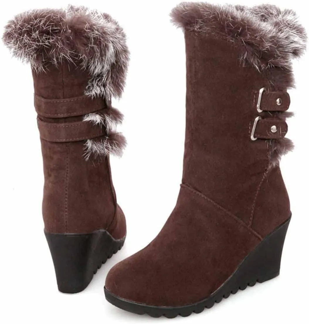 Hiking Boots Women Comfortable Velvet Wedge Boots Round Toe Suede Lug Sole Thigh High Boots Mid-Calf Boots