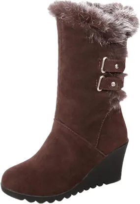 Hiking Boots Women Comfortable Velvet Wedge Boots Round Toe Suede Lug Sole Thigh High Boots Mid-Calf Boots