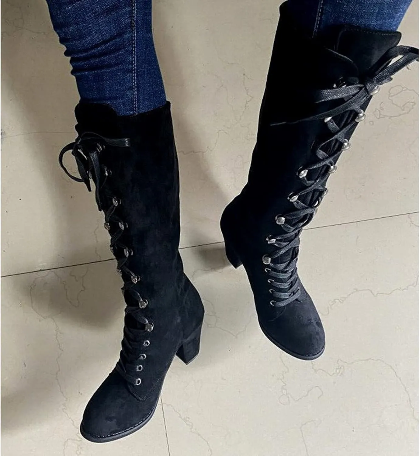Hiking Boots Women Retro Vintage Lace-Up Thigh High Boots Suede Low Chunky Heels Knee High Long Boots