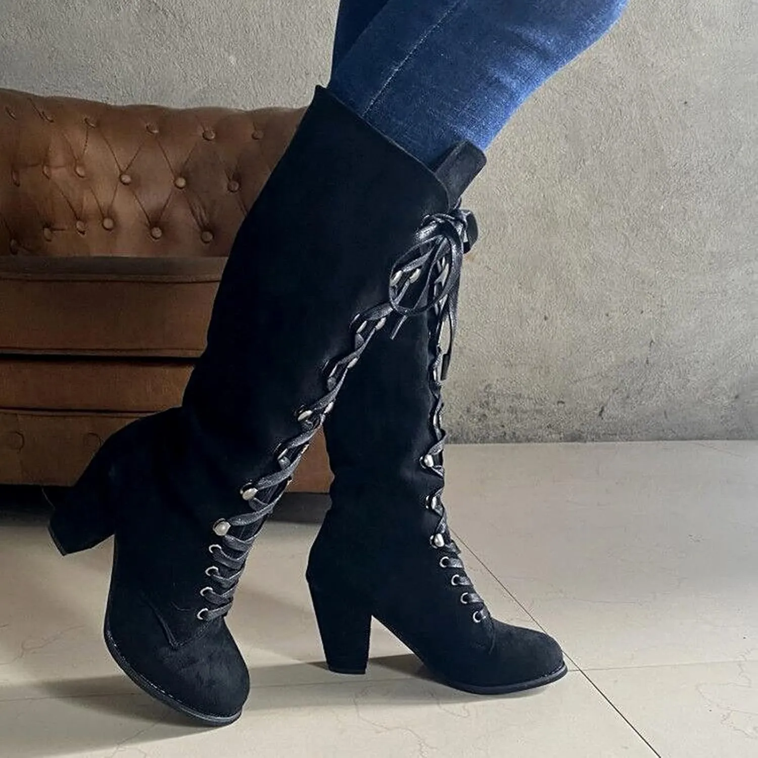 Hiking Boots Women Retro Vintage Lace-Up Thigh High Boots Suede Low Chunky Heels Knee High Long Boots