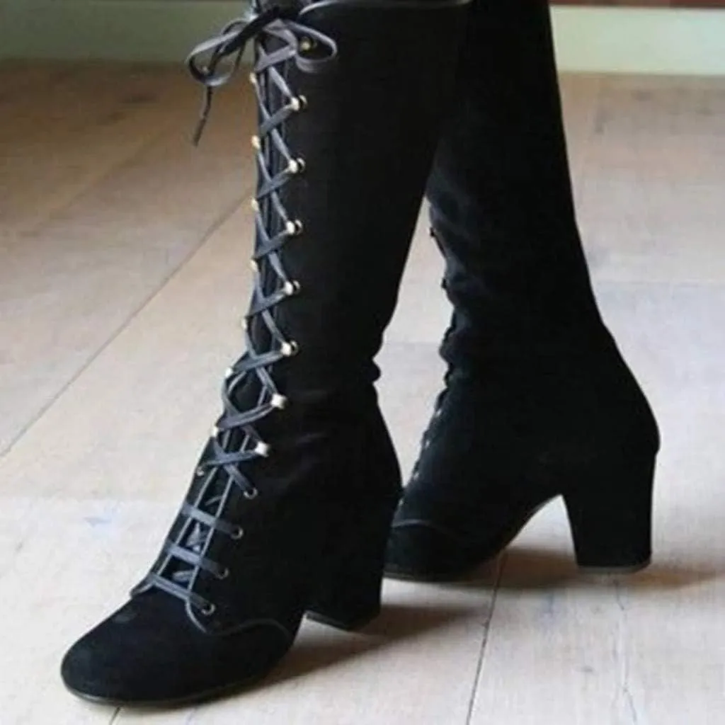 Hiking Boots Women Retro Vintage Lace-Up Thigh High Boots Suede Low Chunky Heels Knee High Long Boots