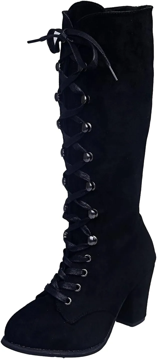 Hiking Boots Women Retro Vintage Lace-Up Thigh High Boots Suede Low Chunky Heels Knee High Long Boots