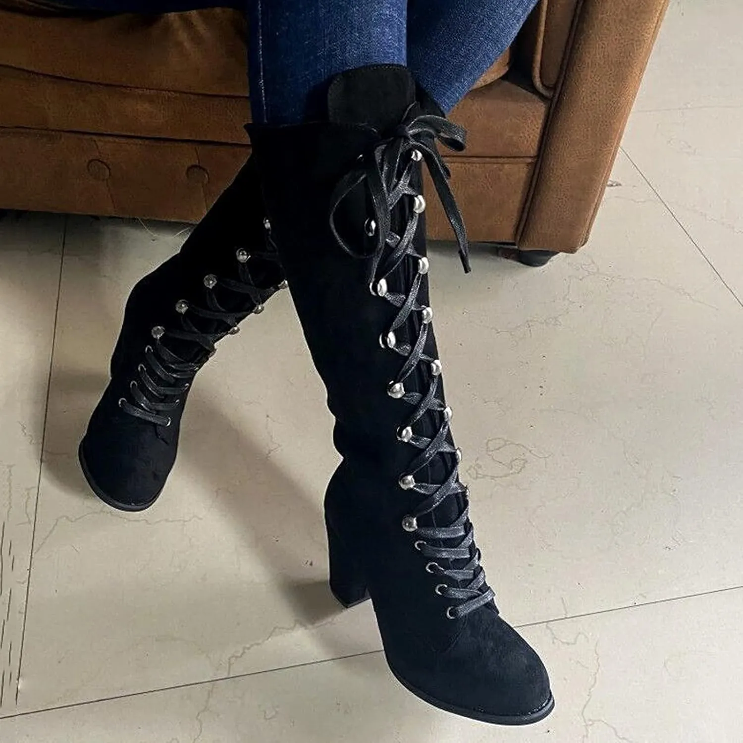 Hiking Boots Women Retro Vintage Lace-Up Thigh High Boots Suede Low Chunky Heels Knee High Long Boots