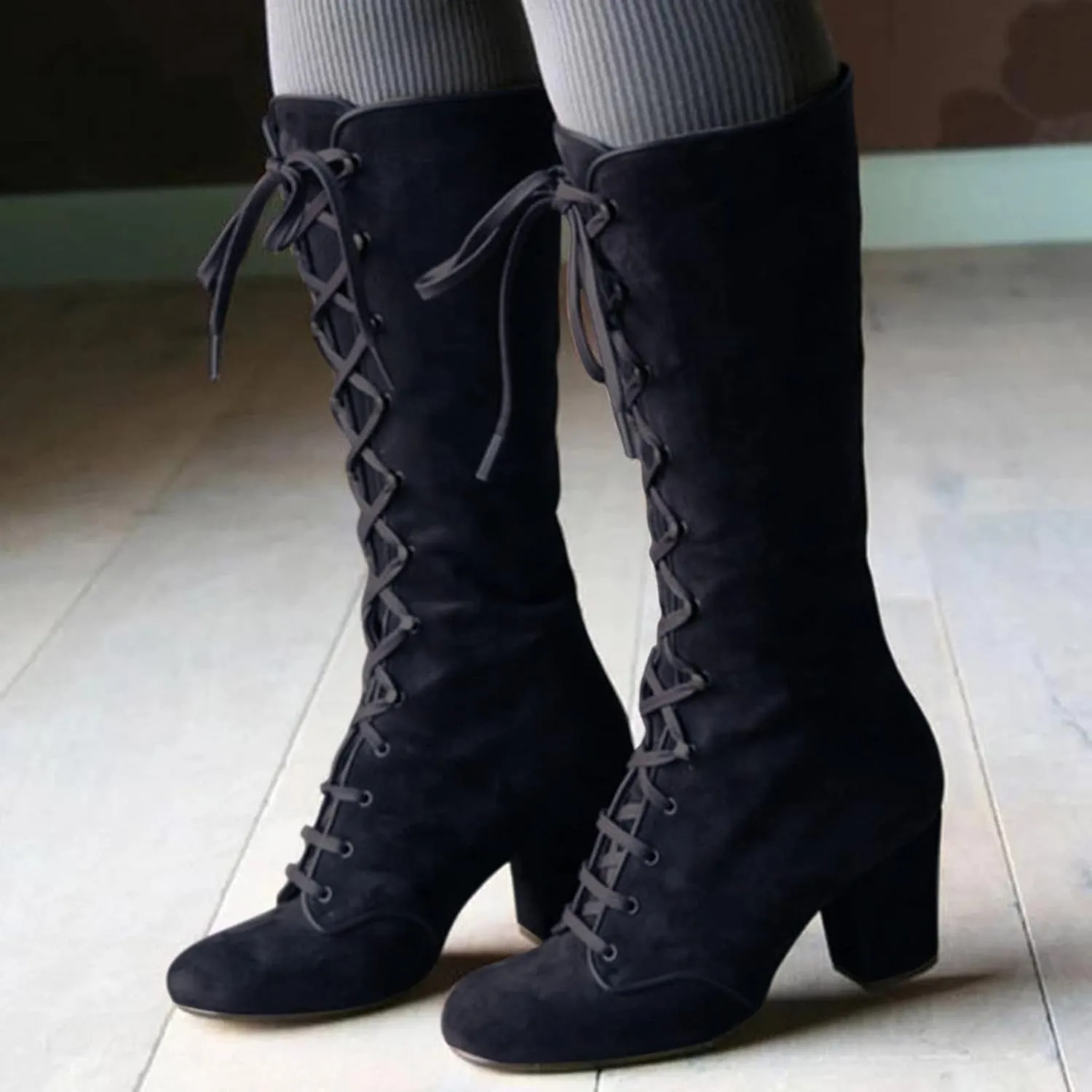 Hiking Boots Women Retro Vintage Lace-Up Thigh High Boots Suede Low Chunky Heels Knee High Long Boots