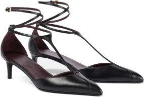 Kitten Heels for Women Pointed Toe Pumps Leather Mid Heel Slingback Heels T Strap Dress Shoes
