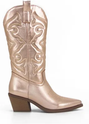 Ladmiple Cowgirl Boots Women Mid Calf Embroidered Pull On Cowboy Boots Block Chunky Heel Western Riding Wedding Boots