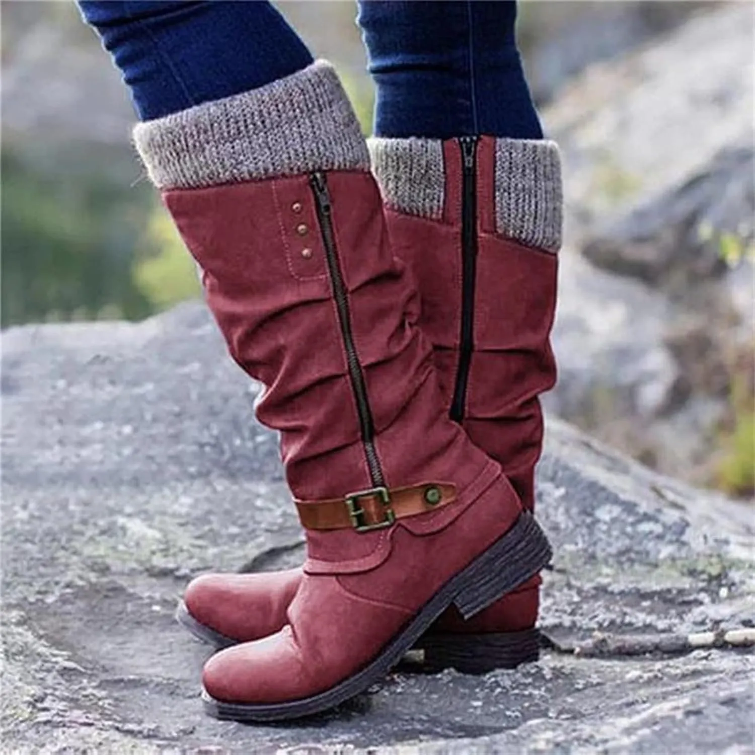 Lausiuoe Winter Boots For Women 2022 Trendy Mid Calf Side Zip Low Heel Western Platform Hiking Booties Warm Non Slip Outdoor Shoe