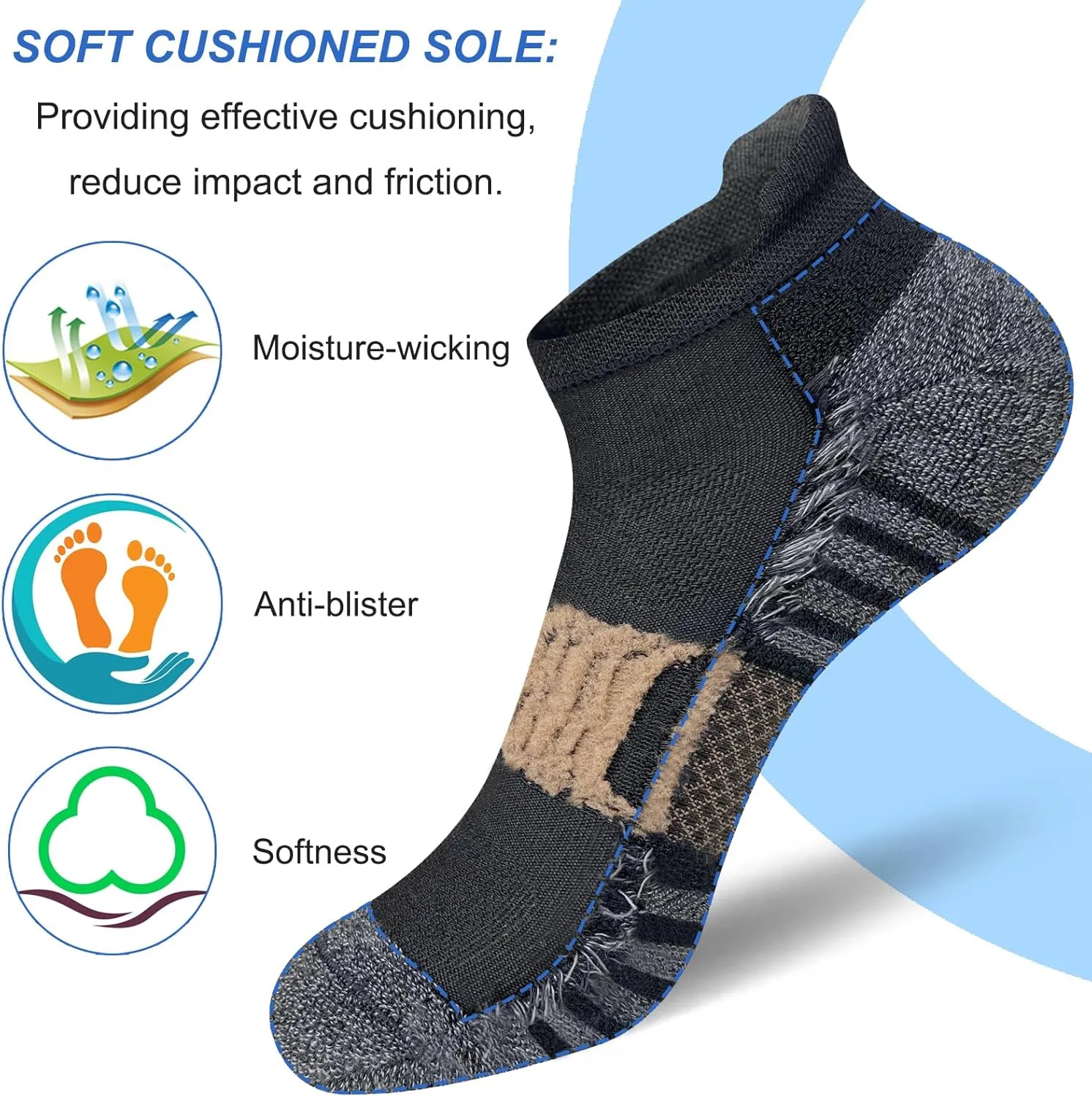 Men's Ankle Athletic Running Socks Thick Cushioned Low Cut Sport Socks for Men 5 Pairs