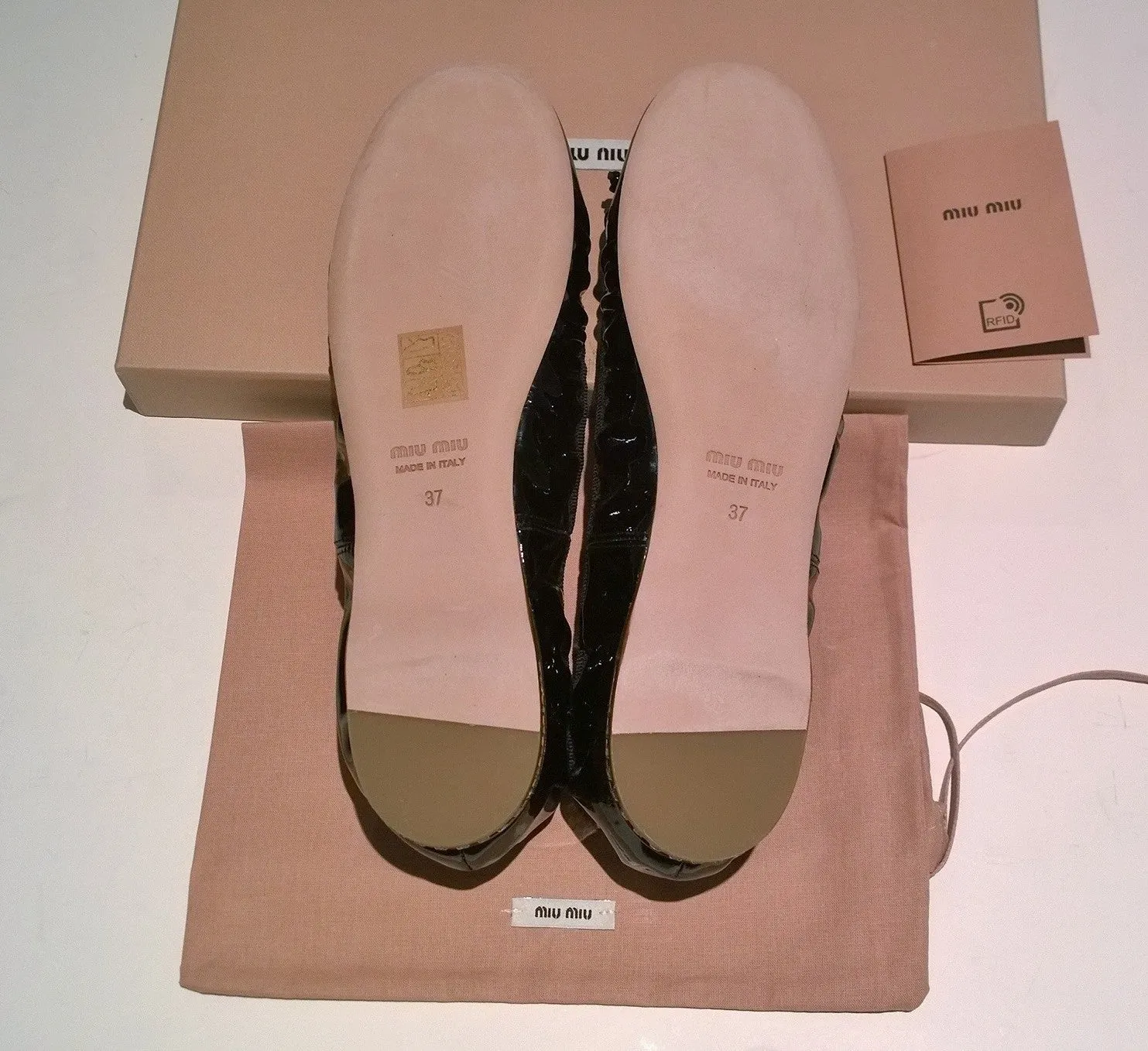 Miu Miu Draped Black Patent Leather Ballet Shoes Pleated Ballerina Flats