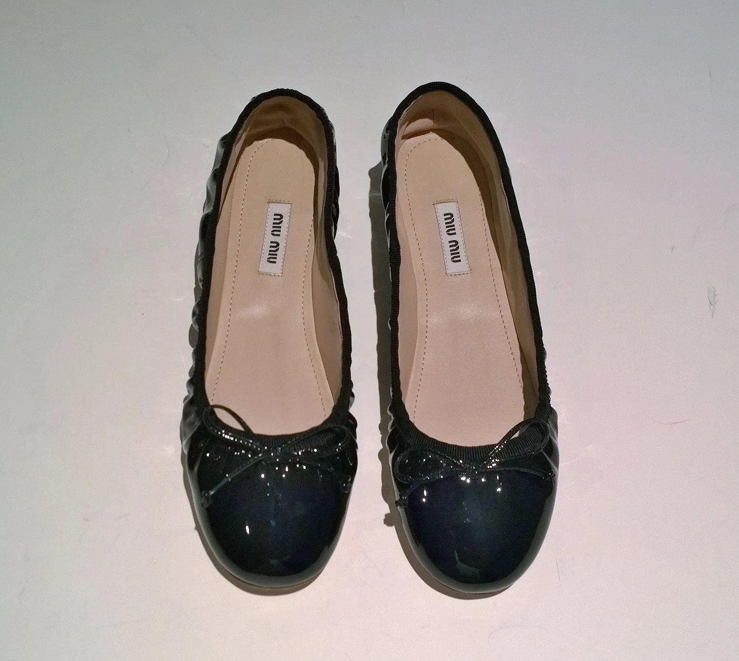Miu Miu Draped Black Patent Leather Ballet Shoes Pleated Ballerina Flats