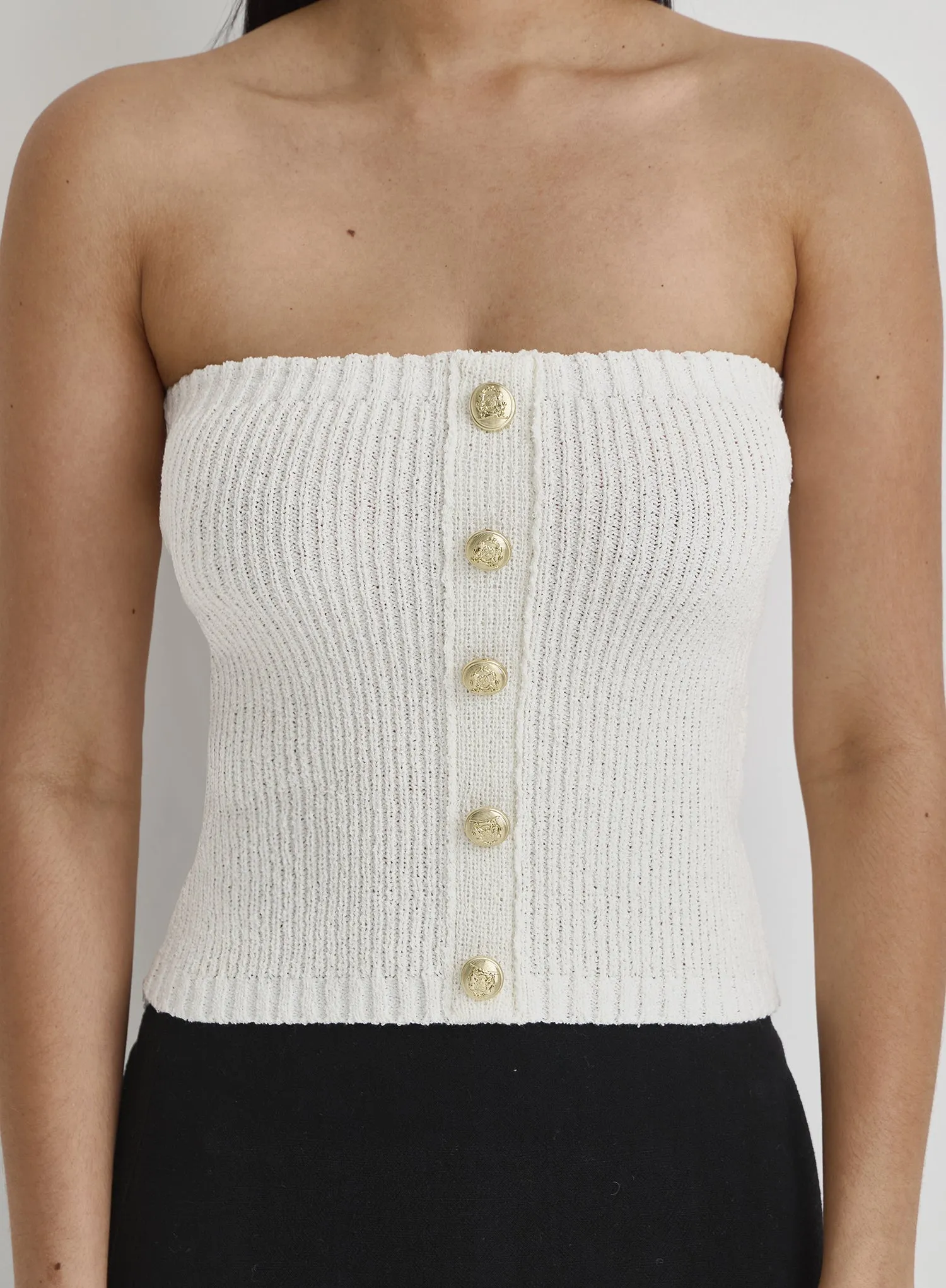 Off White Knit Button Bandeau Crop Top- Lorie