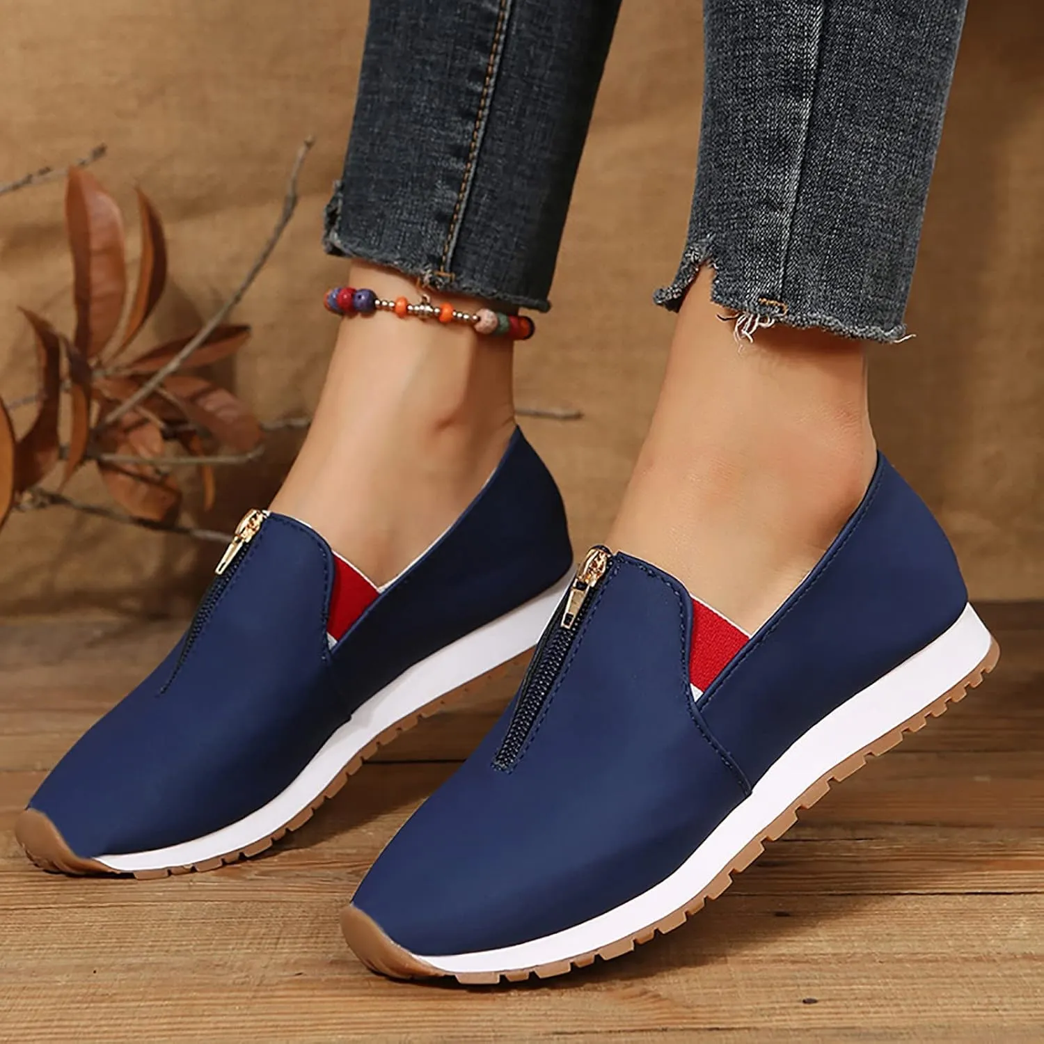 Orthopedic Slip-On Walking Shoes for Women, Comfort Loafers Wide Fit Knit Breathable Mesh Non-Slip Platform