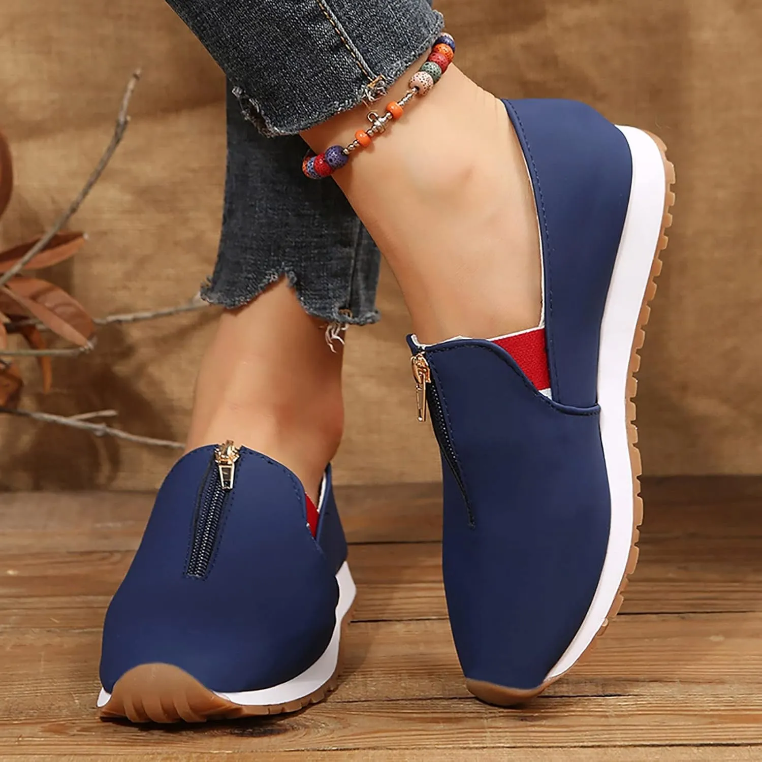 Orthopedic Slip-On Walking Shoes for Women, Comfort Loafers Wide Fit Knit Breathable Mesh Non-Slip Platform